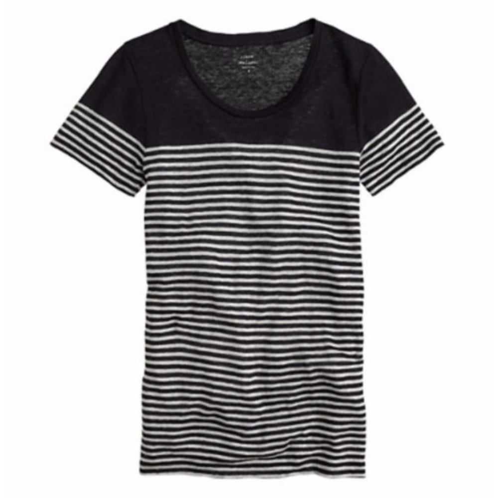 J Crew Engineered Stripe Navy Knit Linen Natural Fiber Colorblock Short Sleeve